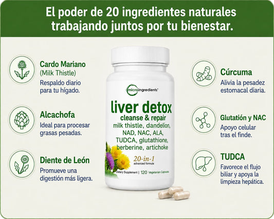 Liver Detox, 120 cápsulas vegetales - Complejo 20 en 1 - Dura dos meses
